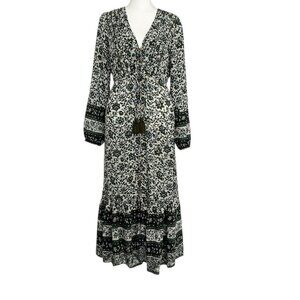 Veronica Beard Alessandra Green Long Sleeve Floral Tiered Boho Midi Dress (S)